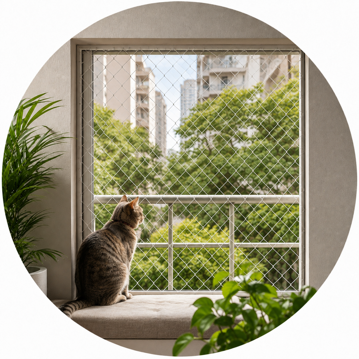 Gato em janela protegida com rede de segurança da Previna-se.
