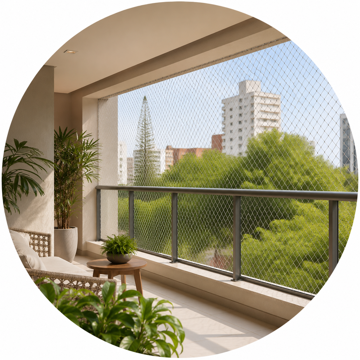 Varanda residencial protegida com rede de segurança