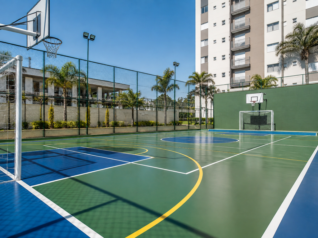 Quadra esportiva reformada com piso e pintura renovados
